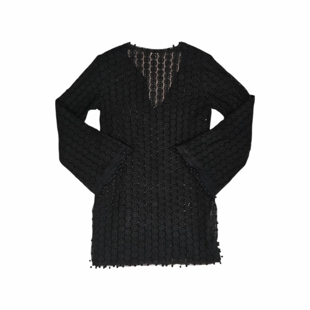 Talitha black cotton lace tunic mini dress with tassel ties, crochet-style medallion openwork and bobble trim. Mid-2010s luxury boho beach cover-up.