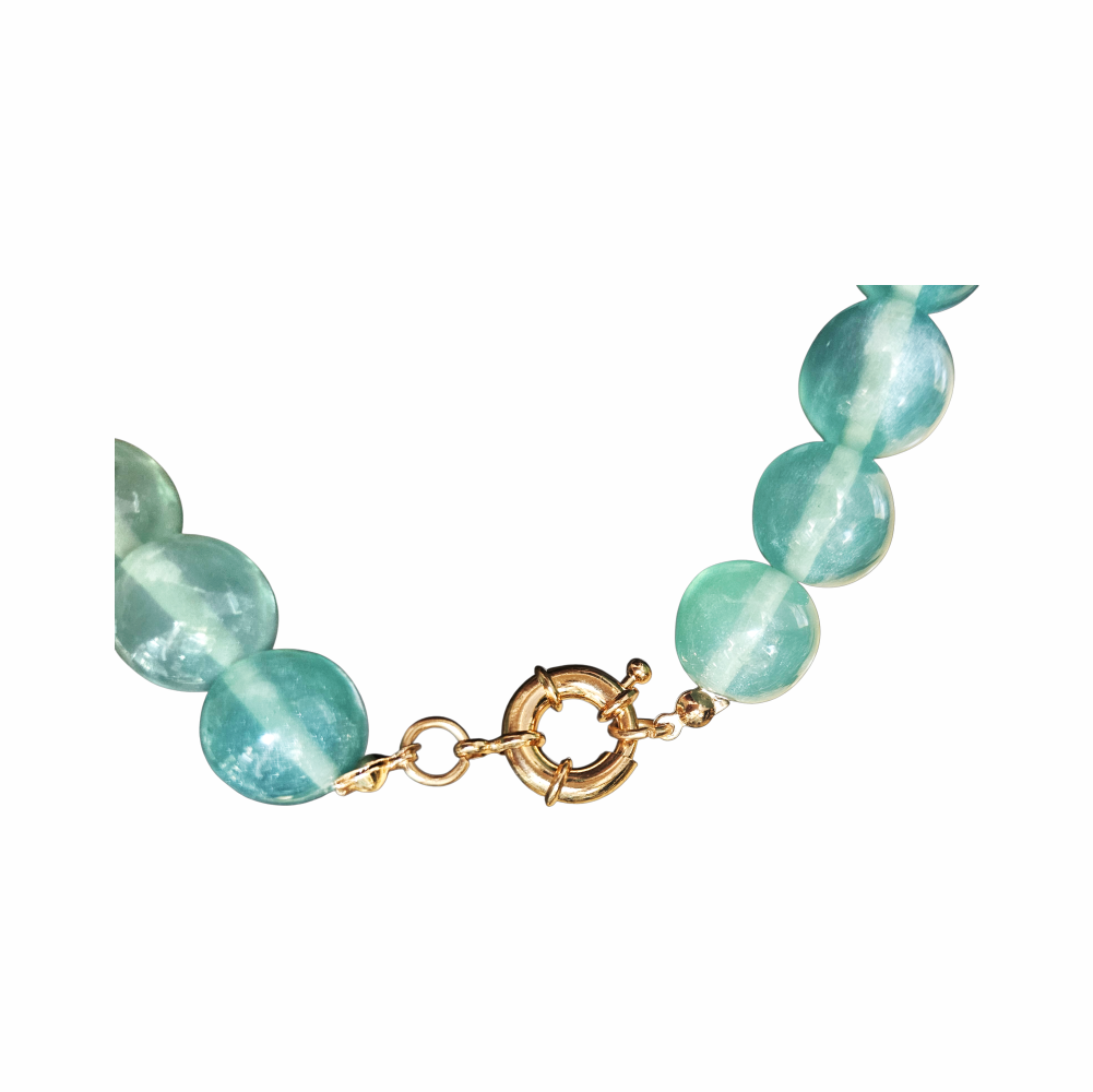 Vintage Seafoam Cat’s Eye Glass Bead Necklace with Carved Fish Pendant