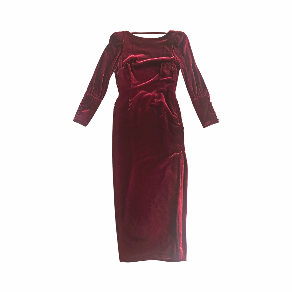 Biba burgundy silk-blend velvet maxi evening dress size 10