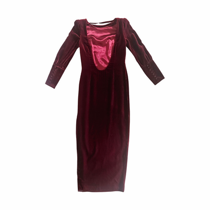 Back view of Biba deep burgundy velvet column evening dress