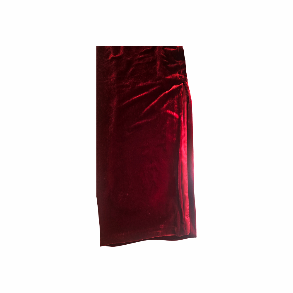 Side slit detail on Biba burgundy silk-blend velvet maxi dress