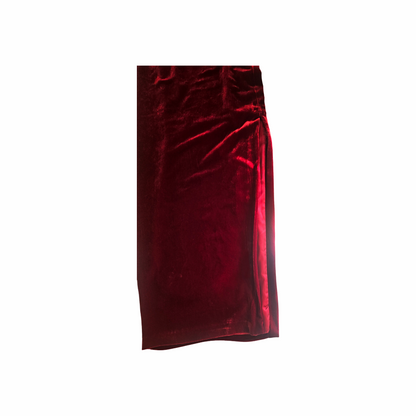 Side slit detail on Biba burgundy silk-blend velvet maxi dress