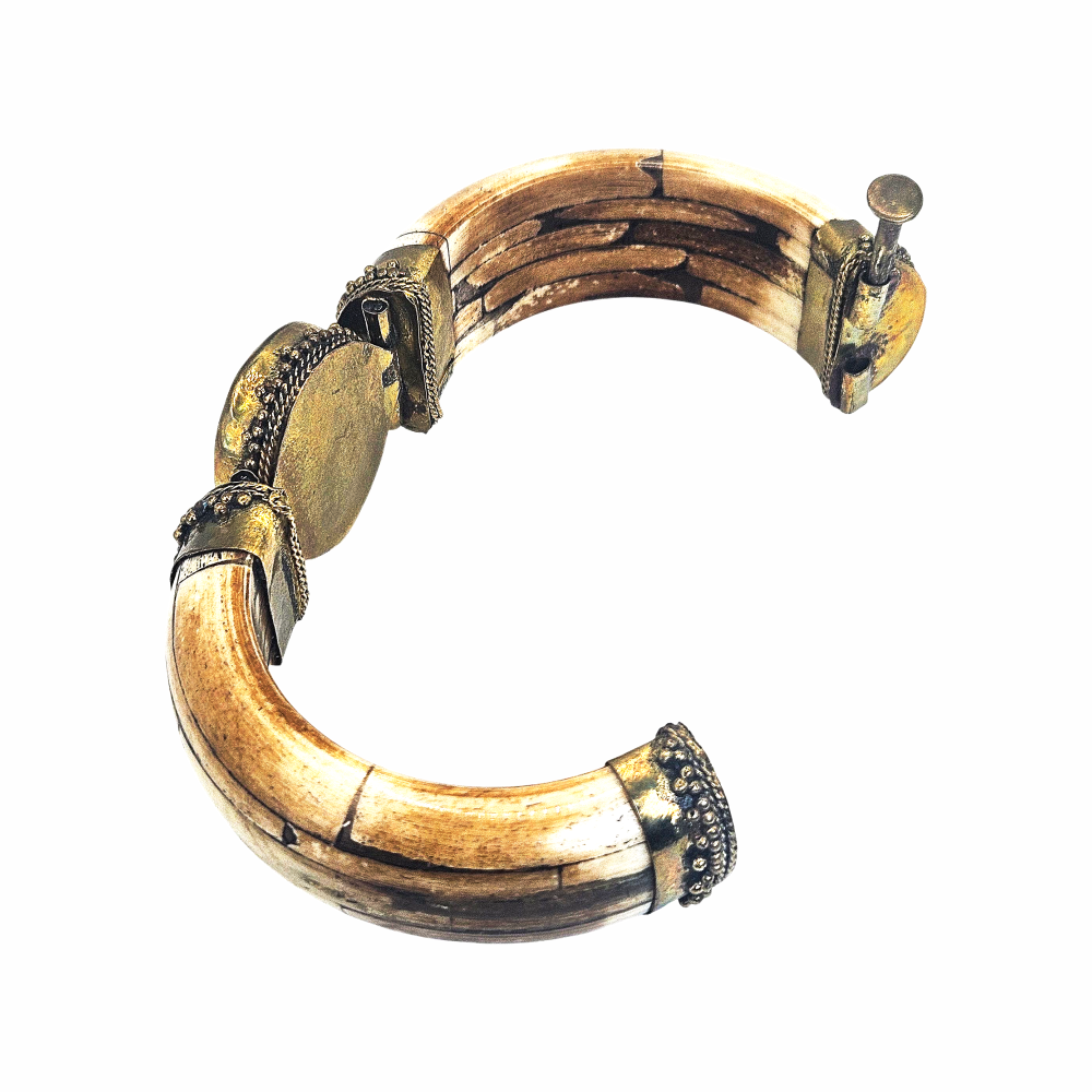 Vintage Bone Hinged Cuff Bracelet with Agate Cabochon
