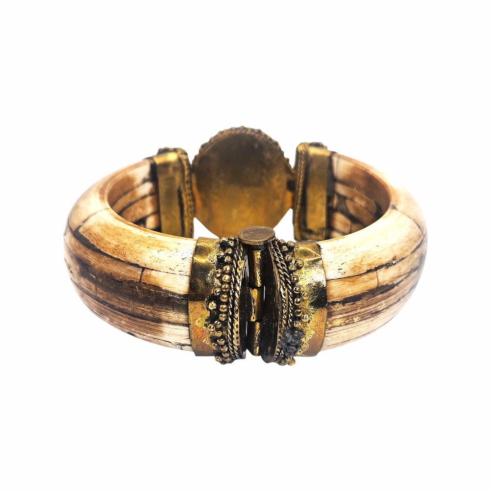 Vintage Bone Hinged Cuff Bracelet with Agate Cabochon