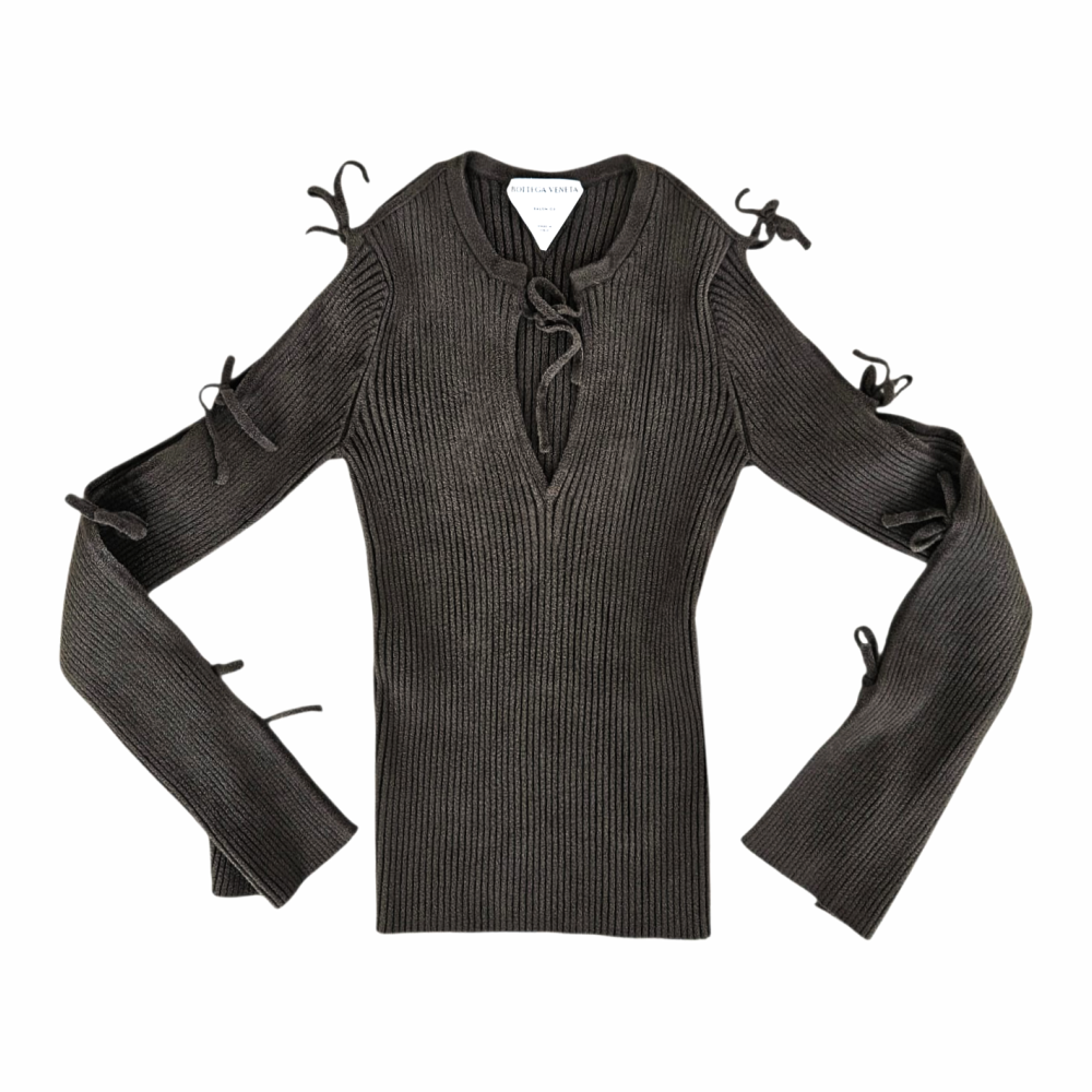 Ribbed Knit Cut-Out Sleeve Top with Tie-Nneck Detail - Bottega Veneta - Re:Velvet