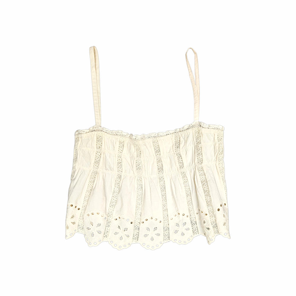 Vintage ivory broderie anglaise camisole top with lace inserts and scalloped embroidered hem. Late 1990s–early 2000s romantic Y2K style.