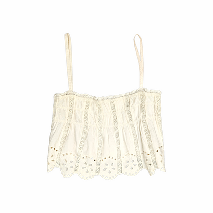 Vintage ivory broderie anglaise camisole top with lace inserts and scalloped embroidered hem. Late 1990s–early 2000s romantic Y2K style.