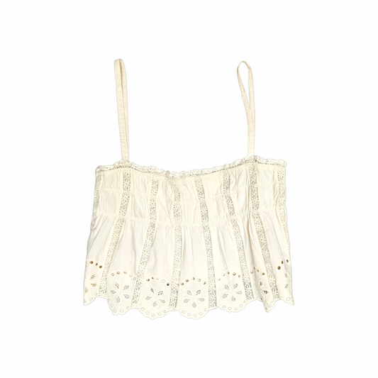 Vintage ivory broderie anglaise camisole top with lace inserts and scalloped embroidered hem. Late 1990s–early 2000s romantic Y2K style.