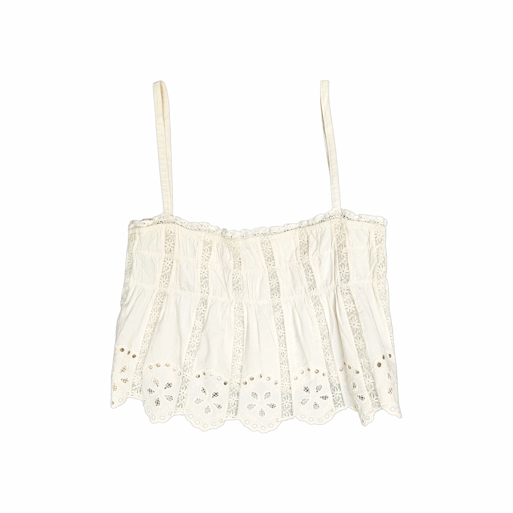 Vintage ivory broderie anglaise camisole top with lace inserts and scalloped embroidered hem. Late 1990s–early 2000s romantic Y2K style.