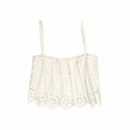 Vintage ivory broderie anglaise camisole top with lace inserts and scalloped embroidered hem. Late 1990s–early 2000s romantic Y2K style.