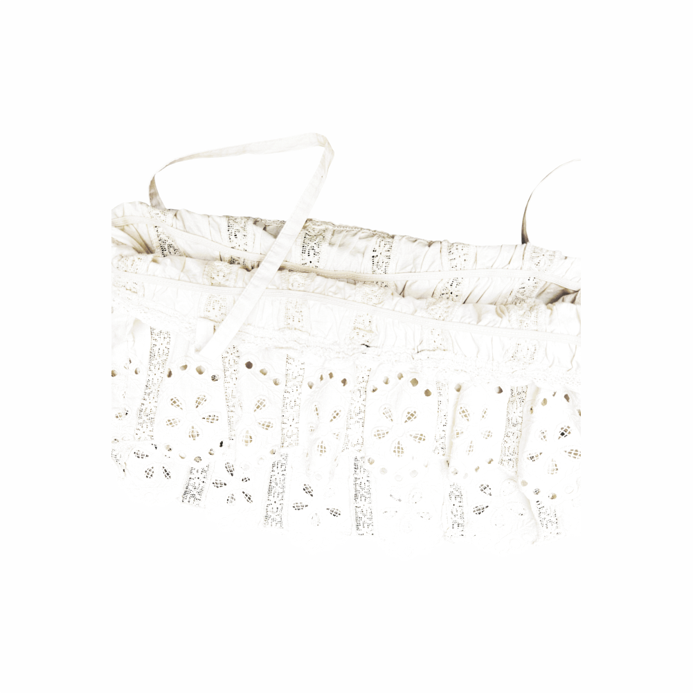 Vintage ivory broderie anglaise camisole top with lace inserts and scalloped embroidered hem. Late 1990s–early 2000s romantic Y2K style.
