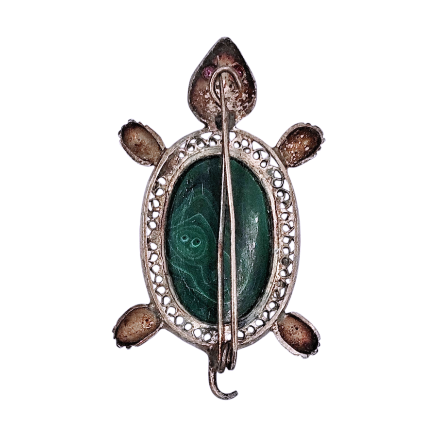 Vintage 1960s Silver Turtle Brooch with Malachite and Amethyst Gems