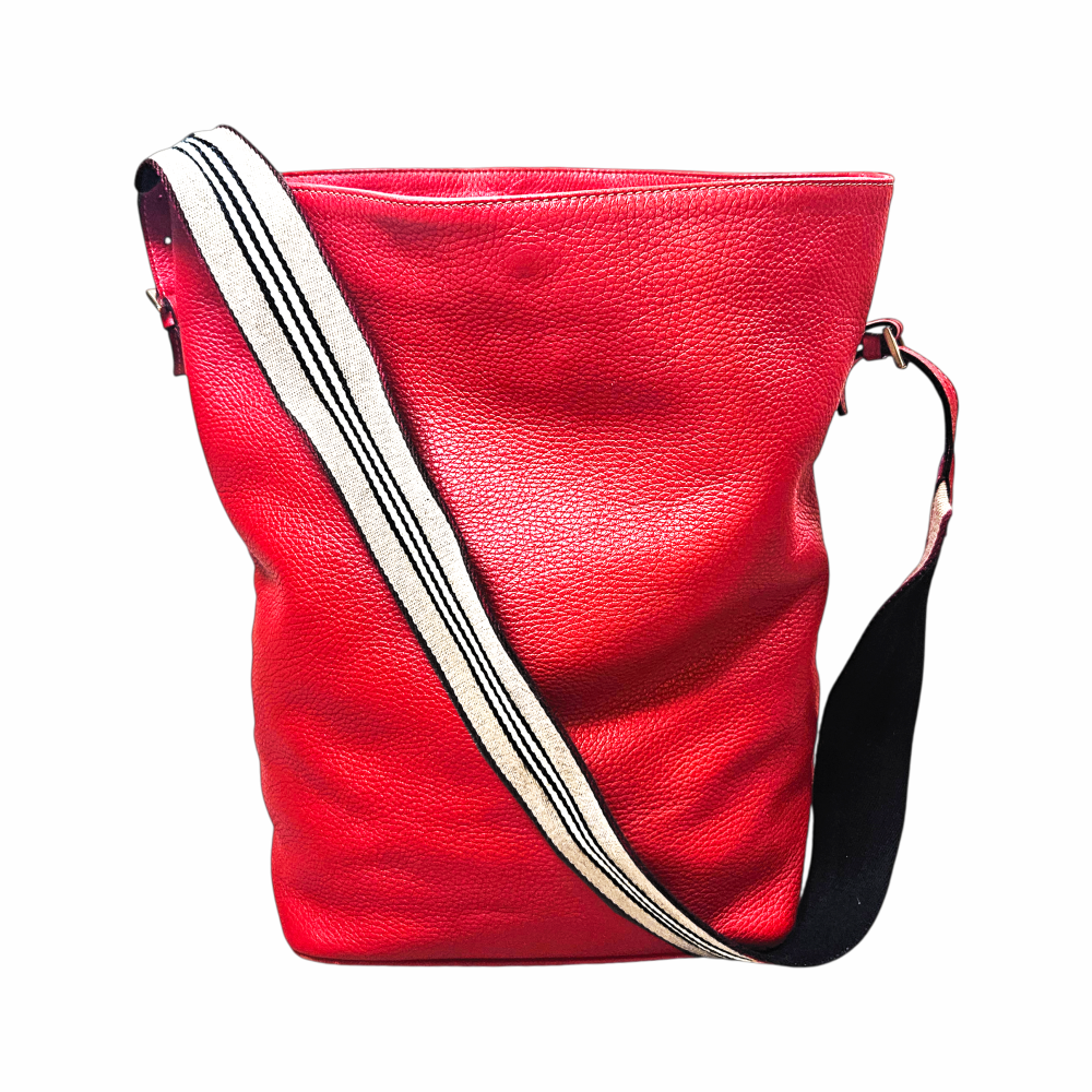 Vintage Y2K Pebble Leather Bucket Bag with Striped Webbing Strap - Burberry