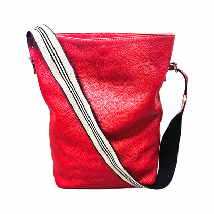 Vintage Y2K Pebble Leather Bucket Bag with Striped Webbing Strap - Burberry