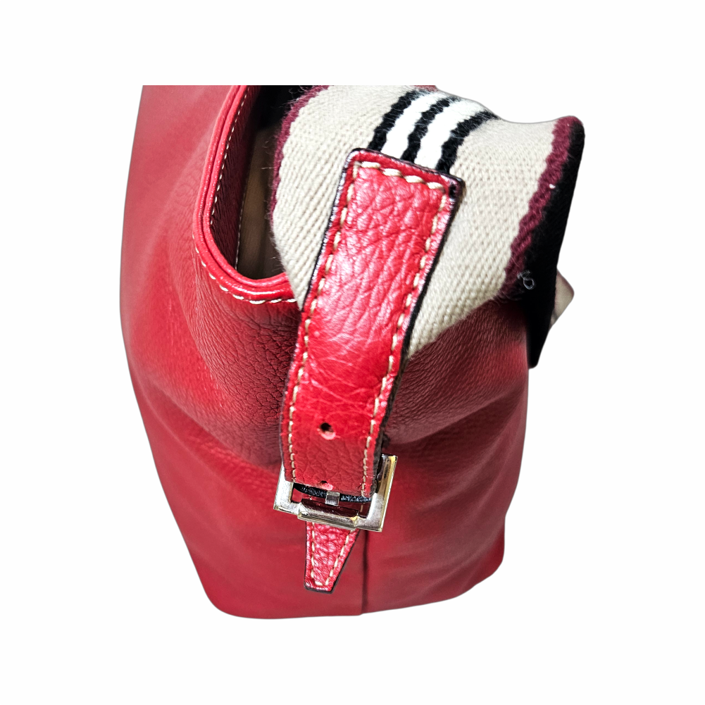 Vintage Y2K Pebble Leather Bucket Bag with Striped Webbing Strap - Burberry