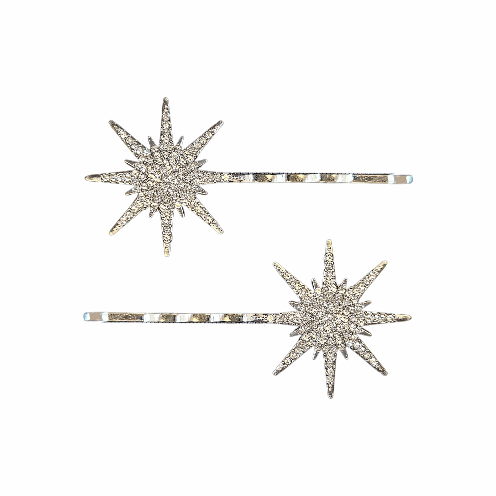 Pair of Silver-Tone Crystal Starburst Hair Grips
