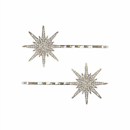 Pair of Silver-Tone Crystal Starburst Hair Grips