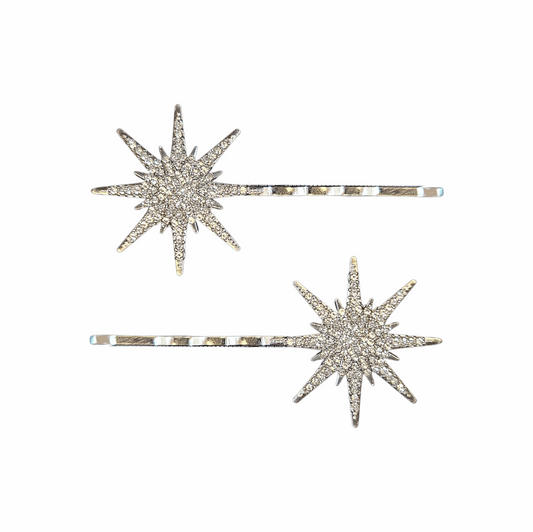 Pair of Silver-Tone Crystal Starburst Hair Grips