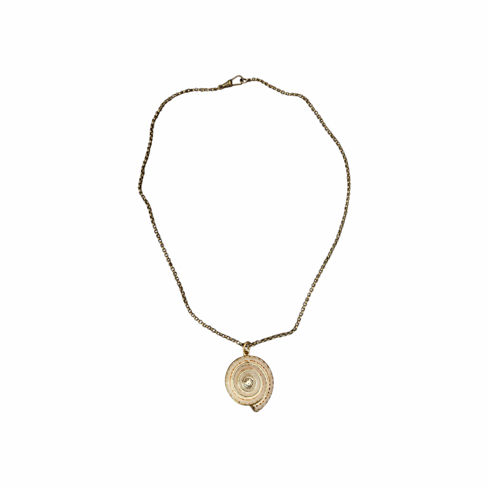 Vintage Shiva eye shell spiral pendant necklace on an antiqued gold-tone chain. Natural sea-shell talisman jewellery with a delicate bohemian look.