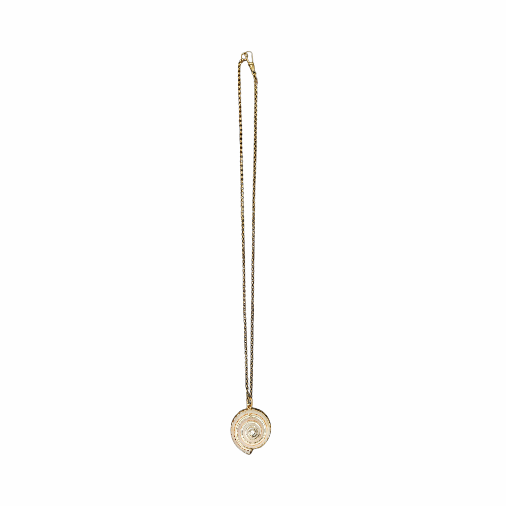 Vintage Shiva eye shell spiral pendant necklace on an antiqued gold-tone chain. Natural sea-shell talisman jewellery with a delicate bohemian look.