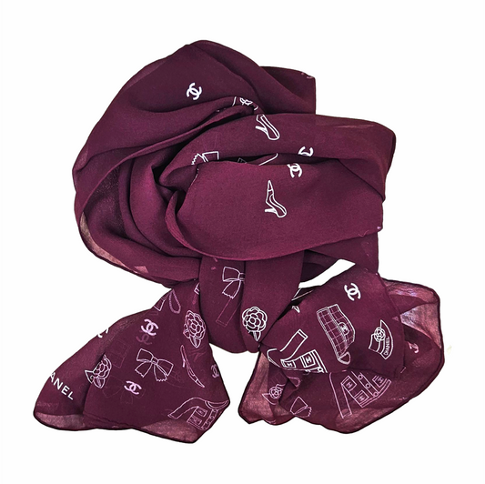 Vintage Late 1990s Burgundy Silk Chiffon Icon Print Oblong Scarf - Chanel