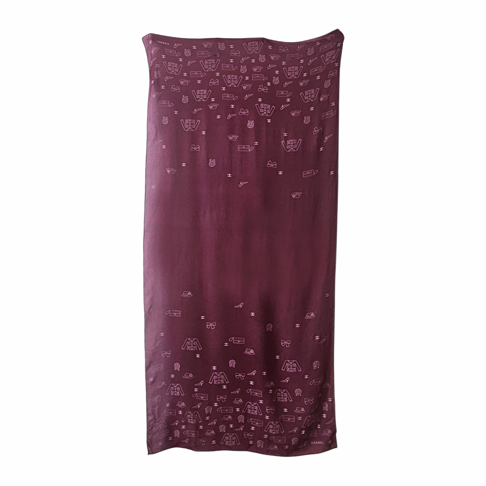 Vintage Late 1990s Burgundy Silk Chiffon Icon Print Oblong Scarf - Chanel