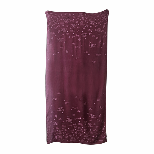 Vintage Late 1990s Burgundy Silk Chiffon Icon Print Oblong Scarf - Chanel