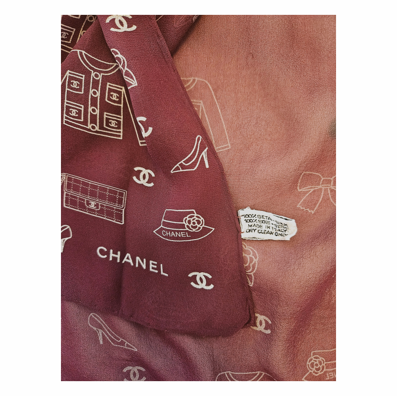 Vintage Late 1990s Burgundy Silk Chiffon Icon Print Oblong Scarf - Chanel