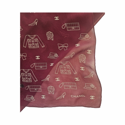 Vintage Late 1990s Burgundy Silk Chiffon Icon Print Oblong Scarf - Chanel