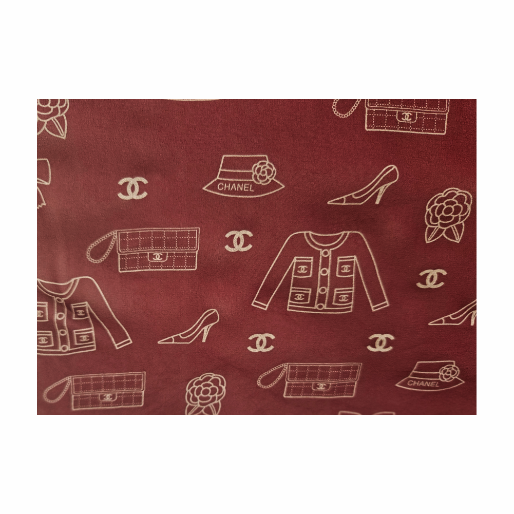 Vintage Late 1990s Burgundy Silk Chiffon Icon Print Oblong Scarf - Chanel