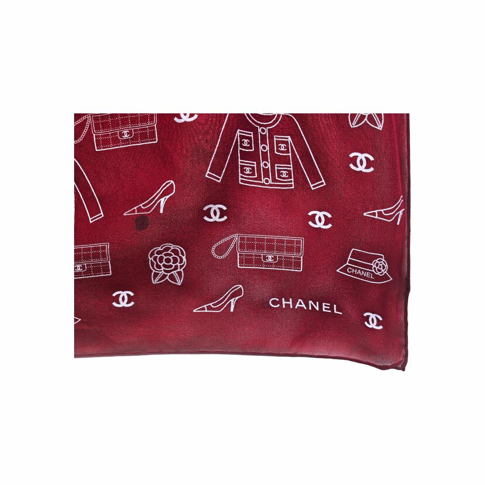 Vintage Late 1990s Burgundy Silk Chiffon Icon Print Oblong Scarf - Chanel