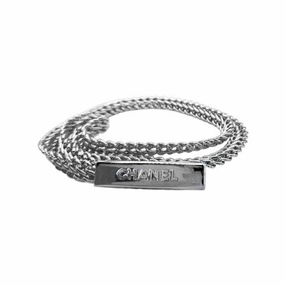 Vintage Chanel Spring 1999 silver-tone double chain belt with embossed CHANEL logo plaque