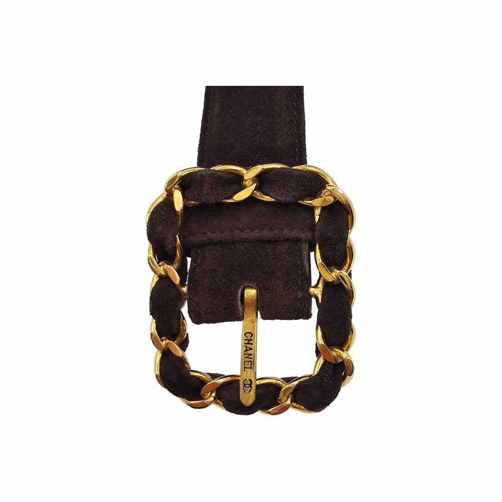 Suede Belt with Gold-Tone Chain Buckle - Chanel