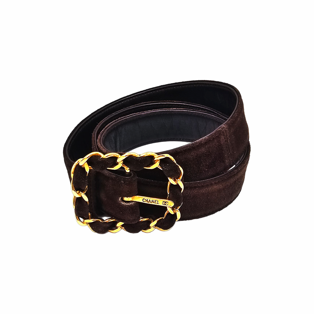 Suede Belt with Gold-Tone Chain Buckle - Chanel