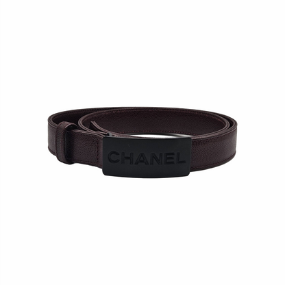 Vintage 1990s- 2000s Caviar Leather Belt with Black Logo Plaque - Chanel