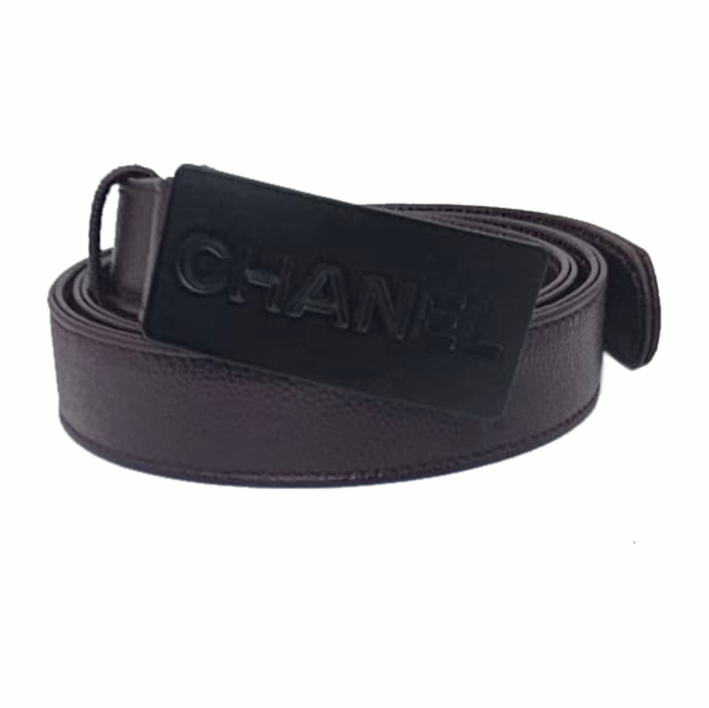 Vintage 1990s- 2000s Caviar Leather Belt with Black Logo Plaque - Chanel