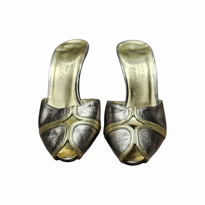 1980s Metallic Pewter & Gold Leather Peep-Toe Mules - Charles Jourdan