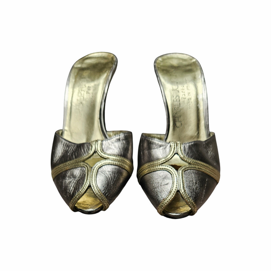 1980s Metallic Pewter & Gold Leather Peep-Toe Mules - Charles Jourdan