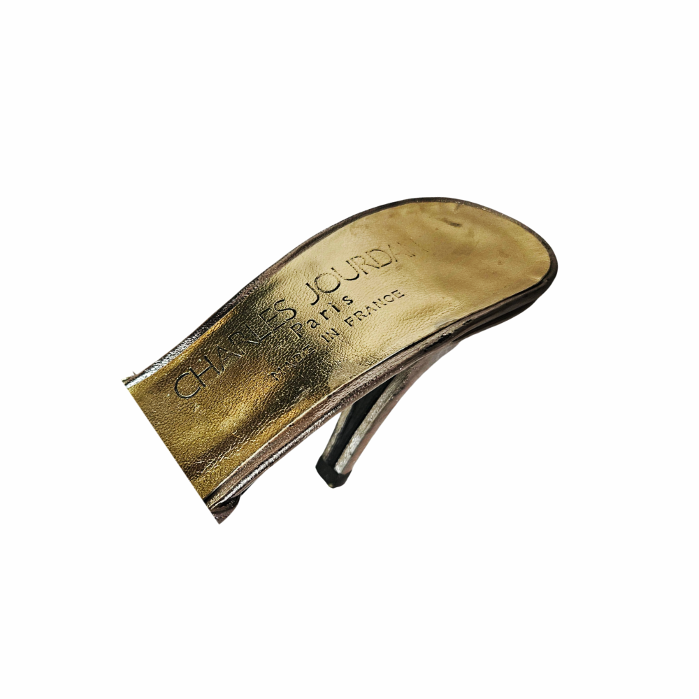 1980s Metallic Pewter & Gold Leather Peep-Toe Mules - Charles Jourdan
