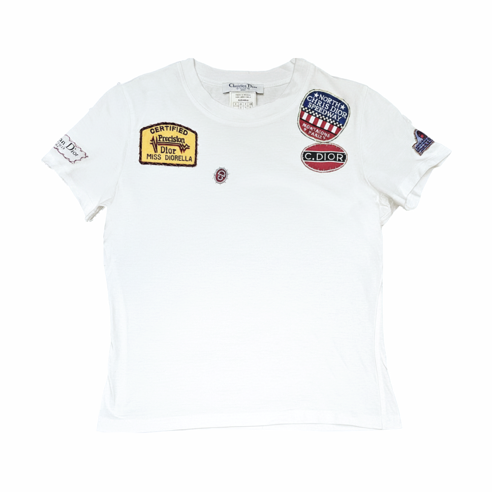 Shop this rare Christian Dior by John Galliano 2001 Miss Diorella white cotton T-shirt with embroidered Dior Speedway and racing-style patches. Made in France.