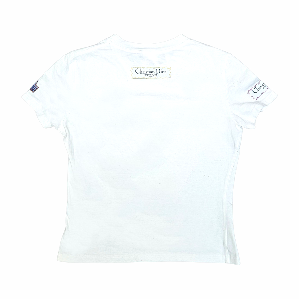 Shop this rare Christian Dior by John Galliano 2001 Miss Diorella white cotton T-shirt with embroidered Dior Speedway and racing-style patches. Made in France.
