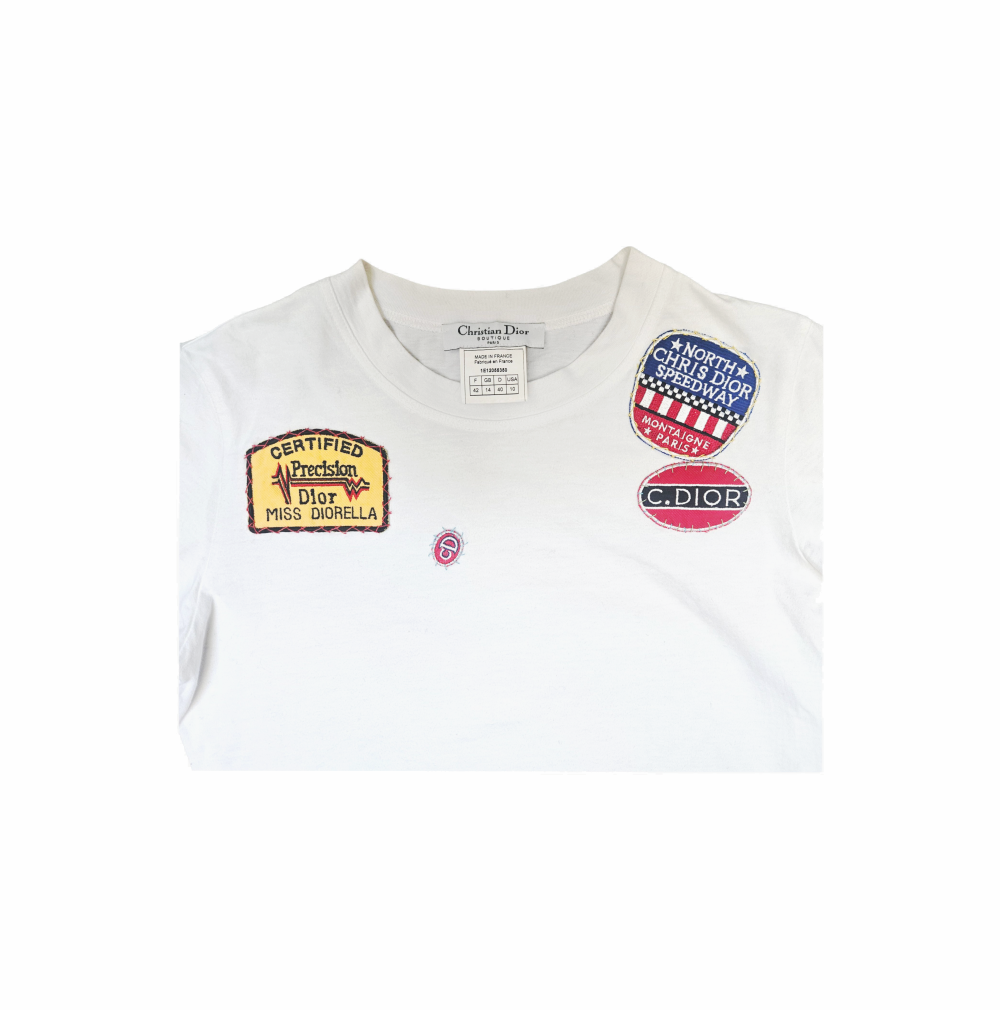 Shop this rare Christian Dior by John Galliano 2001 Miss Diorella white cotton T-shirt with embroidered Dior Speedway and racing-style patches. Made in France.