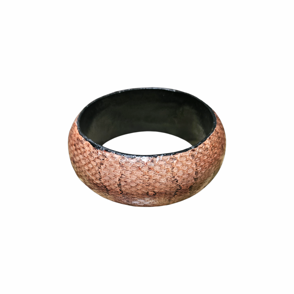 Wide vintage snakeskin-effect domed bangle in blush brown with black interior. Chunky retro statement bracelet, ideal for stacking or wearing alone.