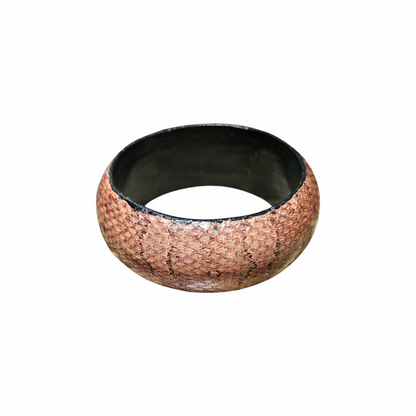 Wide vintage snakeskin-effect domed bangle in blush brown with black interior. Chunky retro statement bracelet, ideal for stacking or wearing alone.