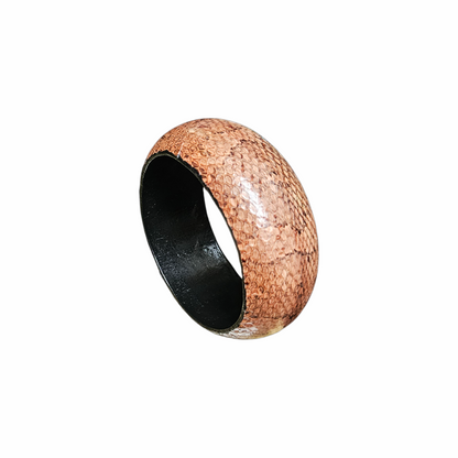 Wide vintage snakeskin-effect domed bangle in blush brown with black interior. Chunky retro statement bracelet, ideal for stacking or wearing alone.