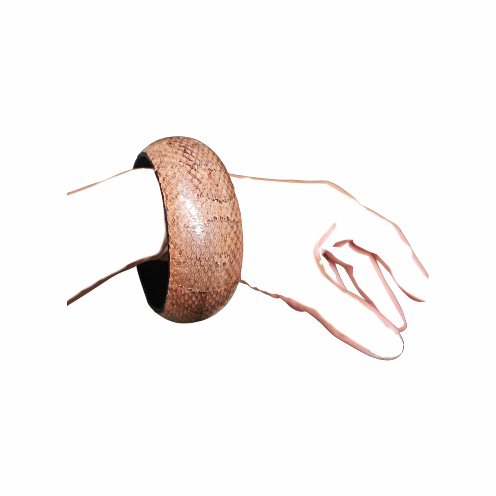 Wide vintage snakeskin-effect domed bangle in blush brown with black interior. Chunky retro statement bracelet, ideal for stacking or wearing alone.