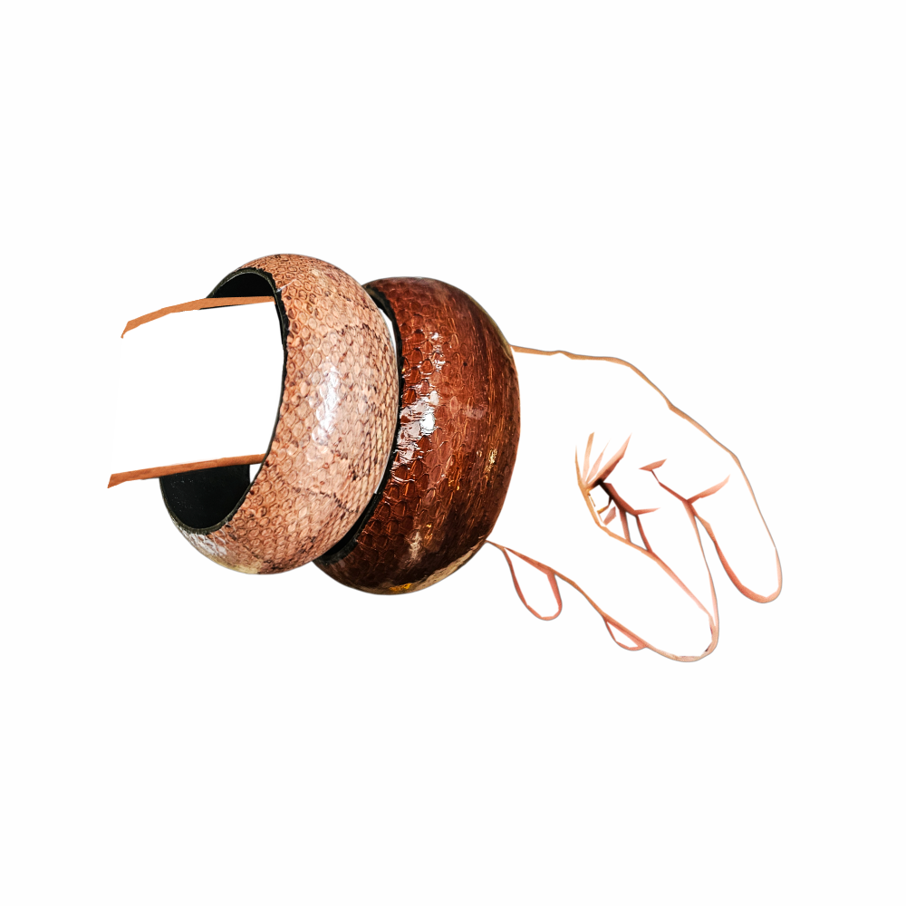 Stacked Wide vintage snakeskin-effect domed bangles in blush  and brown with black interior. Chunky retro statement bracelet, ideal for stacking or wearing alone.
