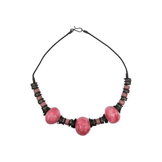 Vintage Bohemian Necklace  with Chunky Ceramic and Brass Beads