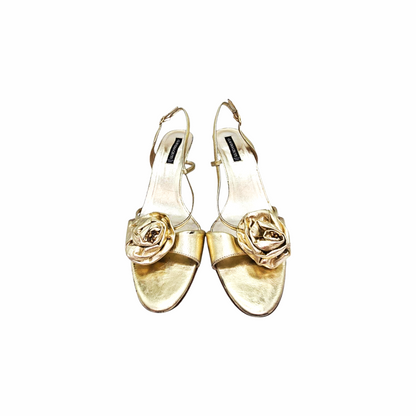 Flower Embellished Strappy Leather Gold Sandals - Claudia Ciuti