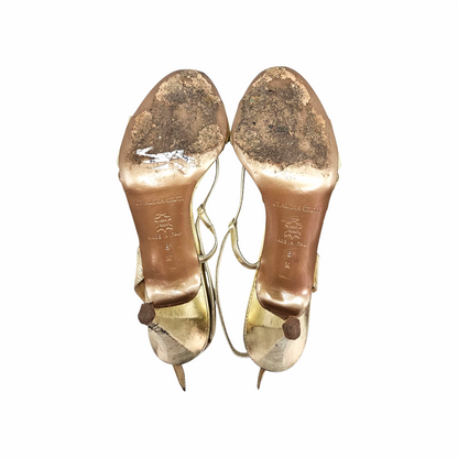 Flower Embellished Strappy Leather Gold Sandals - Claudia Ciuti